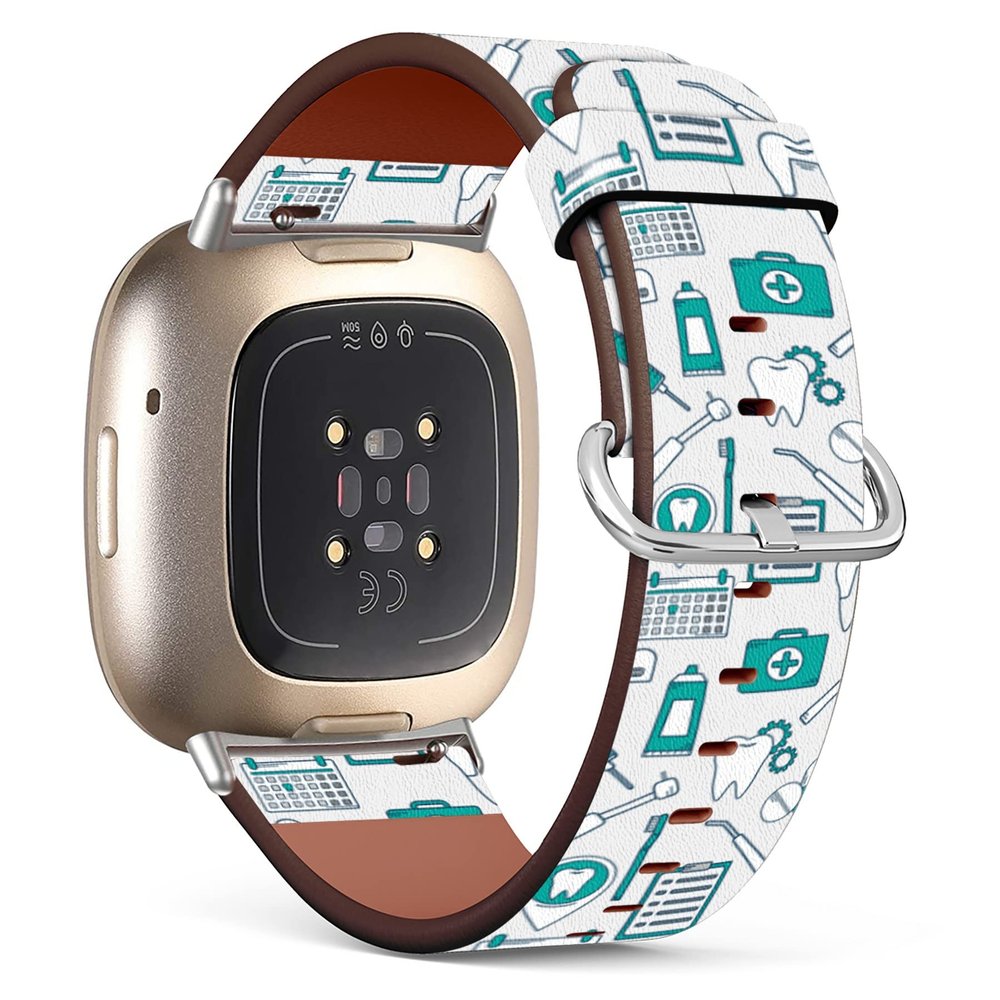 Mingdao Compatible with Fitbit Versa 4 / Versa 3 / Sense 2 / Sense Patterned Leather Replacement Band (Dental Care Dental Clinic Doodle-03)