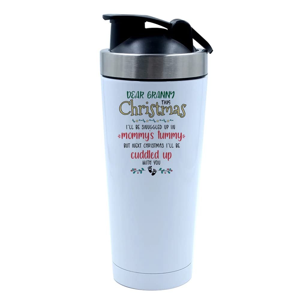 Getagift 500ml Aluminium Shaker Bottle for Supplement Shakes - Easy Clean, Durable Cup Dear Granny This Christmas I'll Be Snuggled Up In Mommy's Tummy Xmas. (White)