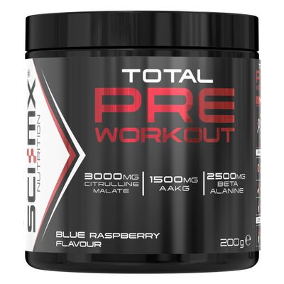 SCI-MX - Total Pre Workout - Blue Raspberry Flavour - 2500mg Beta Alanine  3000mg Citrulline Malate  200mg Caffeine  Niacin for Fatigue - 200g