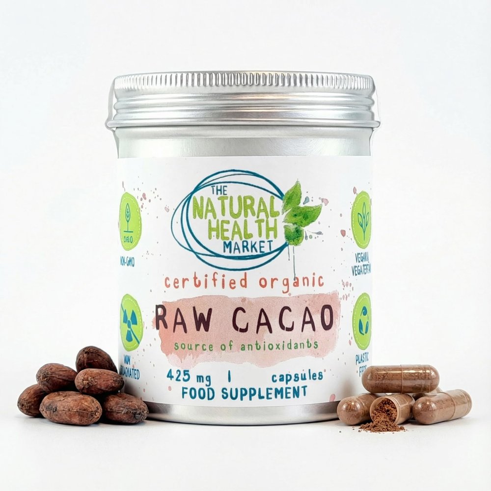 RAW Organic Cacao Capsules 425mg by The Natural Health Market | Vegan Friendly | Plastic Free Packaging (60 Capsule - TIN)