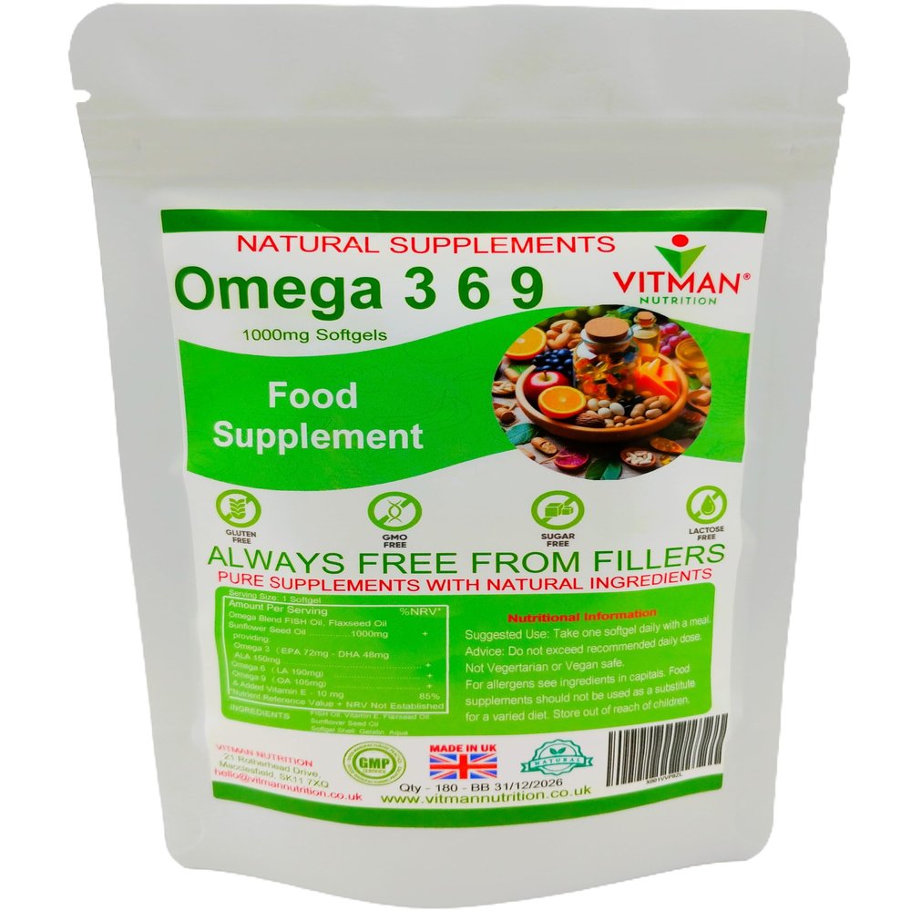 Omega 3 6 9 High Strength Essential Fatty Acids Fish Oil Supplement 1000mg Soft Gel Capsules & Added Vitamin E (120)