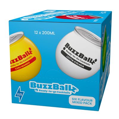 BuzzBallz Cocktails Mixed Case (13.5% ABV) | Pre-Mixed Cocktails (12 x 200ml) | Ready To Drink 2 each of Tequila Rita, Strawberry Rita, Chili Mango, Lotta Colada, Choc Tease & Espresso Martini