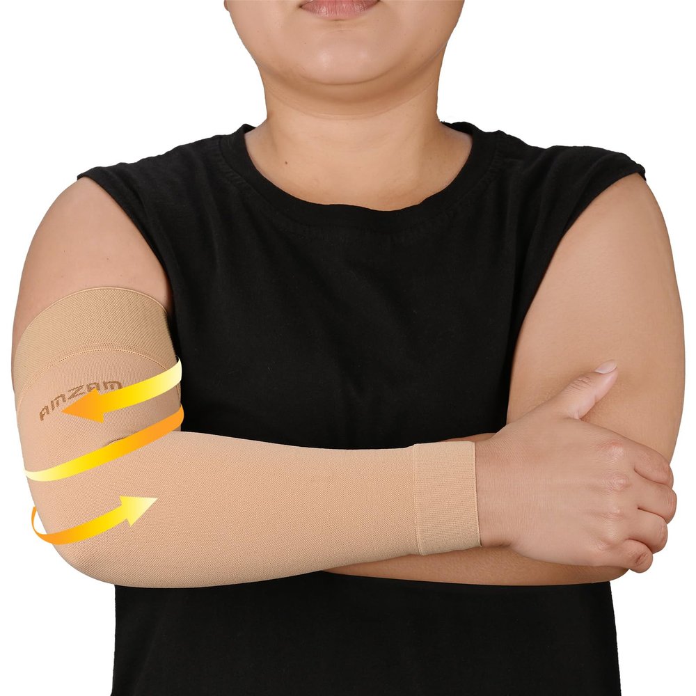 AMZAM Medical Compression Arm Sleeve for Women & Men, 20-30 mmHg Graduated Compression Brace with Silicone Band for Pain Relief, Lymphedema, Edema, Swelling, Arthritis, Beige L