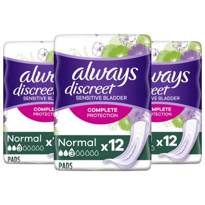 Always Discreet Incontinence Pads for Women, Normal for Sensitive Bladder, Complete Protection - 36 Pads (3 Packs of 12)