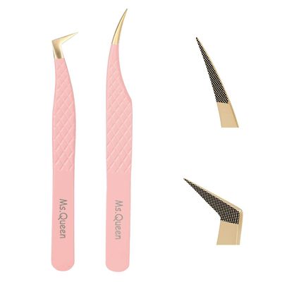 Ms.Queen Lash Extension Tweezers,2Pcs Fiber Tip Grip Boot Volume Tweezer and Dolphin Isolation Eyelash Tweezers