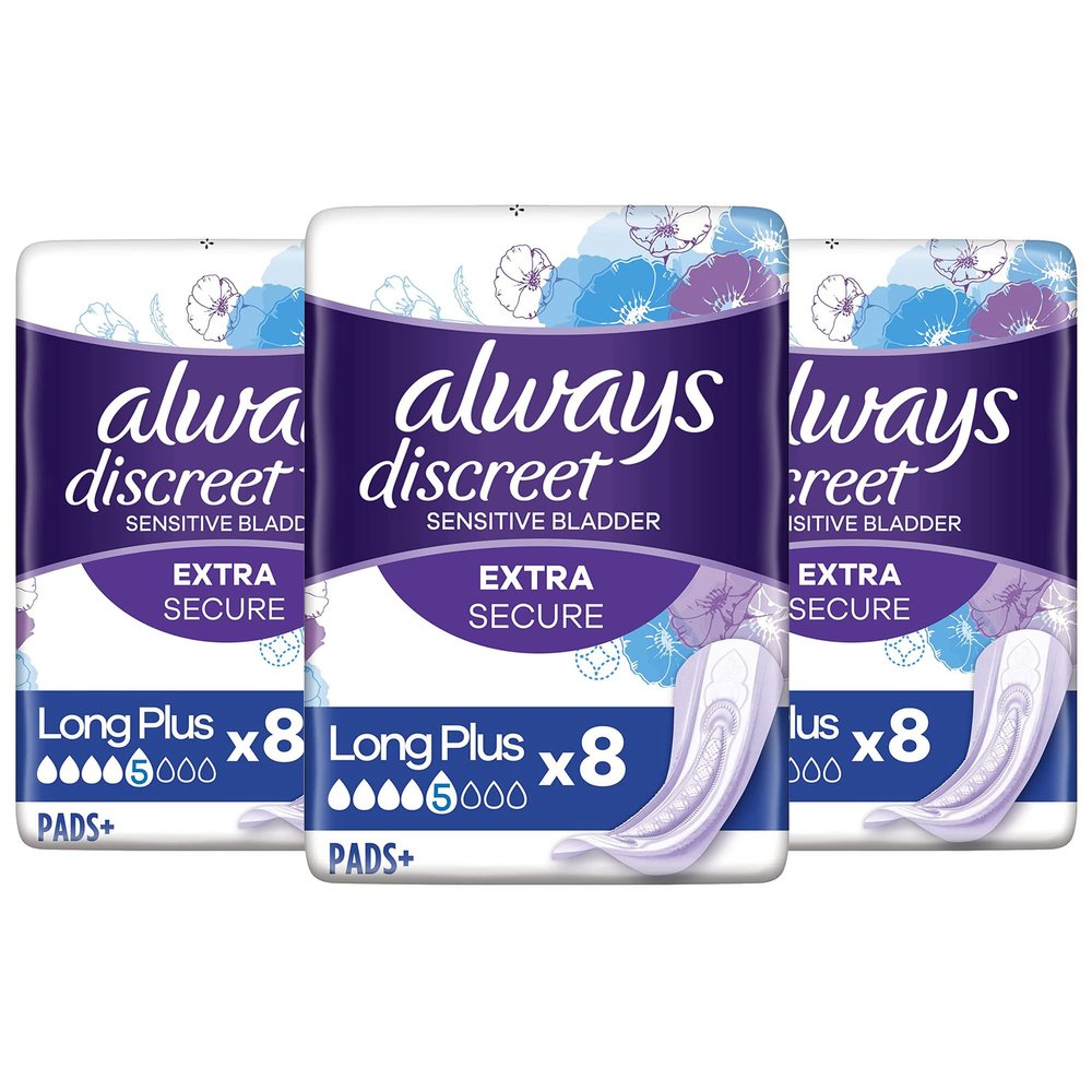 Always Discreet Incontinence Pads for Women, Long Plus for Sensitive Bladder, Extra Secure, 8 Pads per Pack (Pack of 3) - 24 Pads in Total