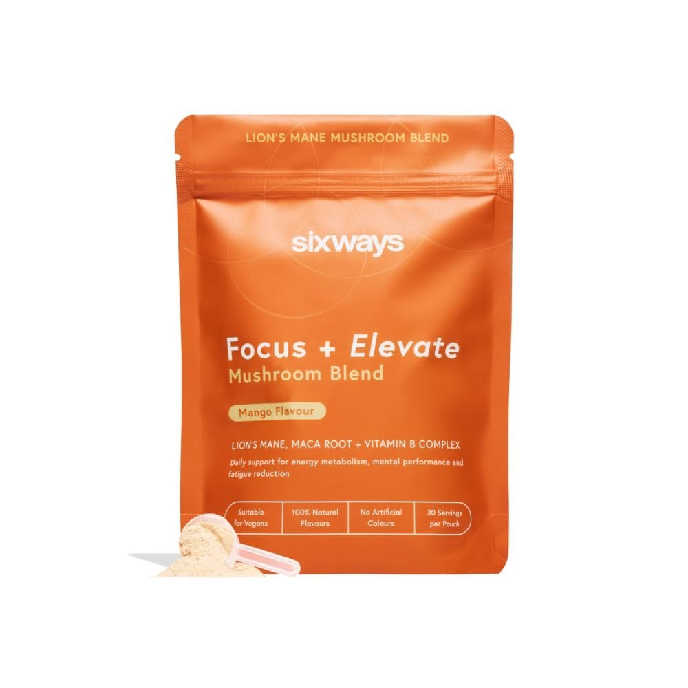 Sixways Focus & Elevate Lion's Mane Supplement, Mango Flavour, 30 Servings with Maca Root, Ginkgo Biloba, Vitamin B Complex, Vegan Nootropic Drink for Brain Function (150g)