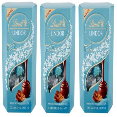 3 x Lindt Lindor Caramello Salato Praline chocolates with milk chocolate and salt crystals with soft salted caramel filling, 200 g
