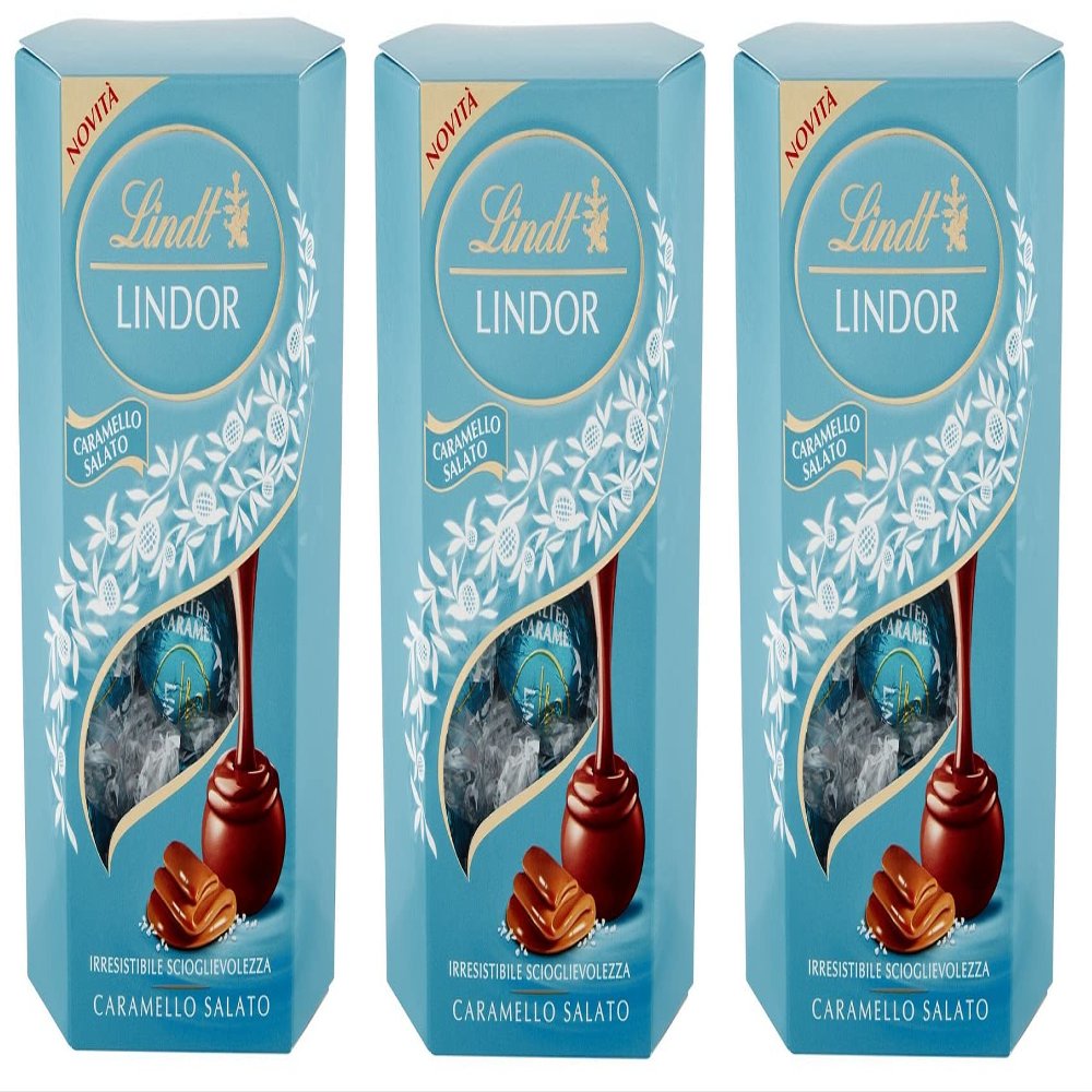 3 x Lindt Lindor Caramello Salato Praline chocolates with milk chocolate and salt crystals with soft salted caramel filling, 200 g