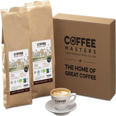 Coffee Masters Fairtrade and Organic Coffee Beans Gift Set - Includes 1kg Triple Certified Blend and 1kg Peruvian Espresso Flavour - Beautifully Packaged Ready to Give, 2kg