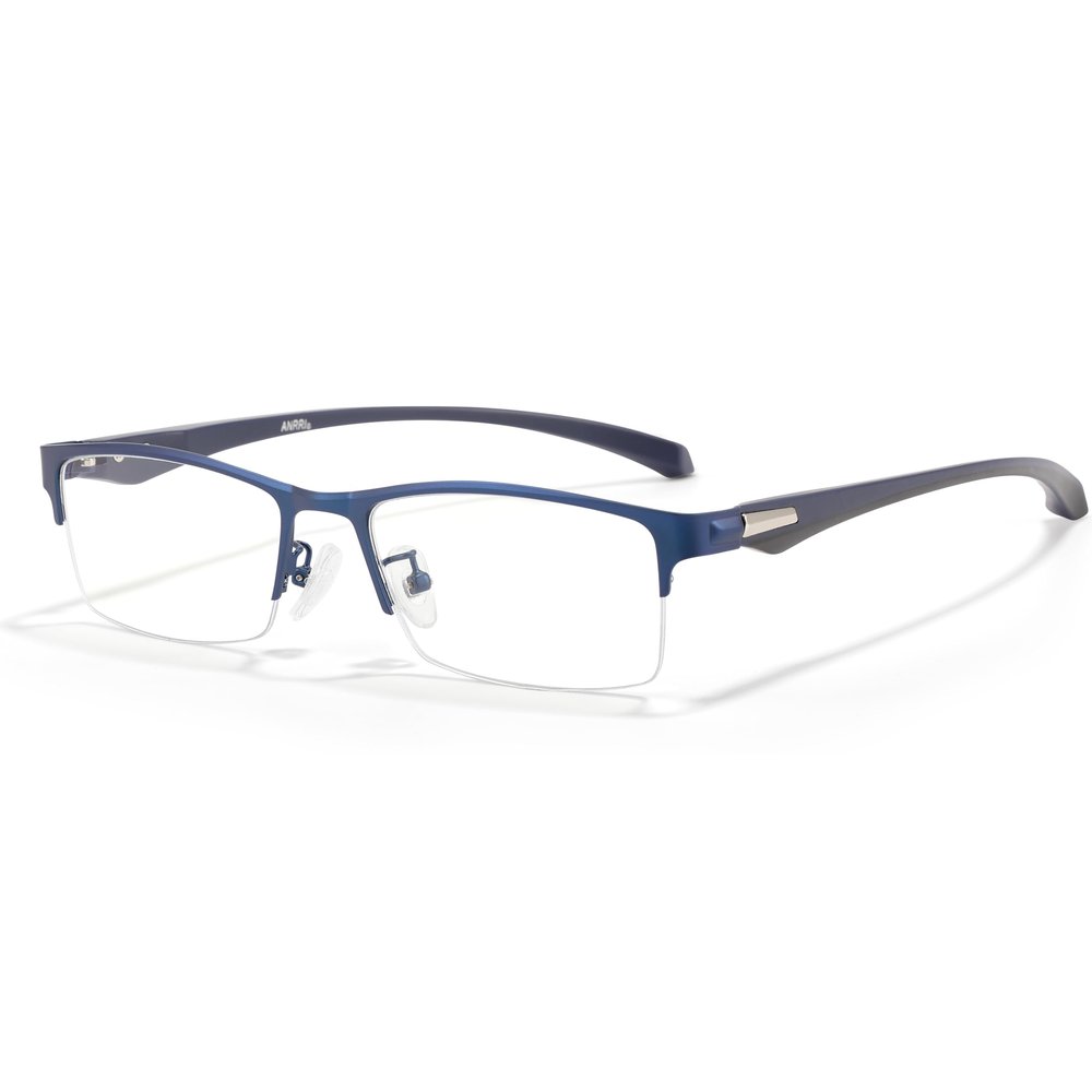 ANRRI Blue Light Glasses for Men Semi Rimless Rectangle Blue Metal Frame UV Blocking Computer Glasses+2.00 Magnification