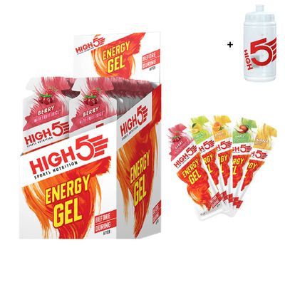 High 5 Energy Gels (20 Pack) Carbohydrate 23g each + Free 500ml Bottle (Apple)