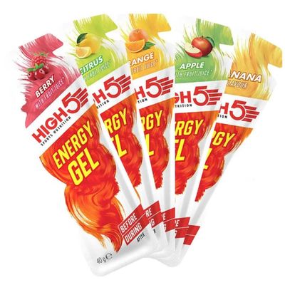 High 5 Energy Gels Plus Caffeine (20 Pack) Carbohydrate 23g each + Free 500ml Bottle (Raspberry)