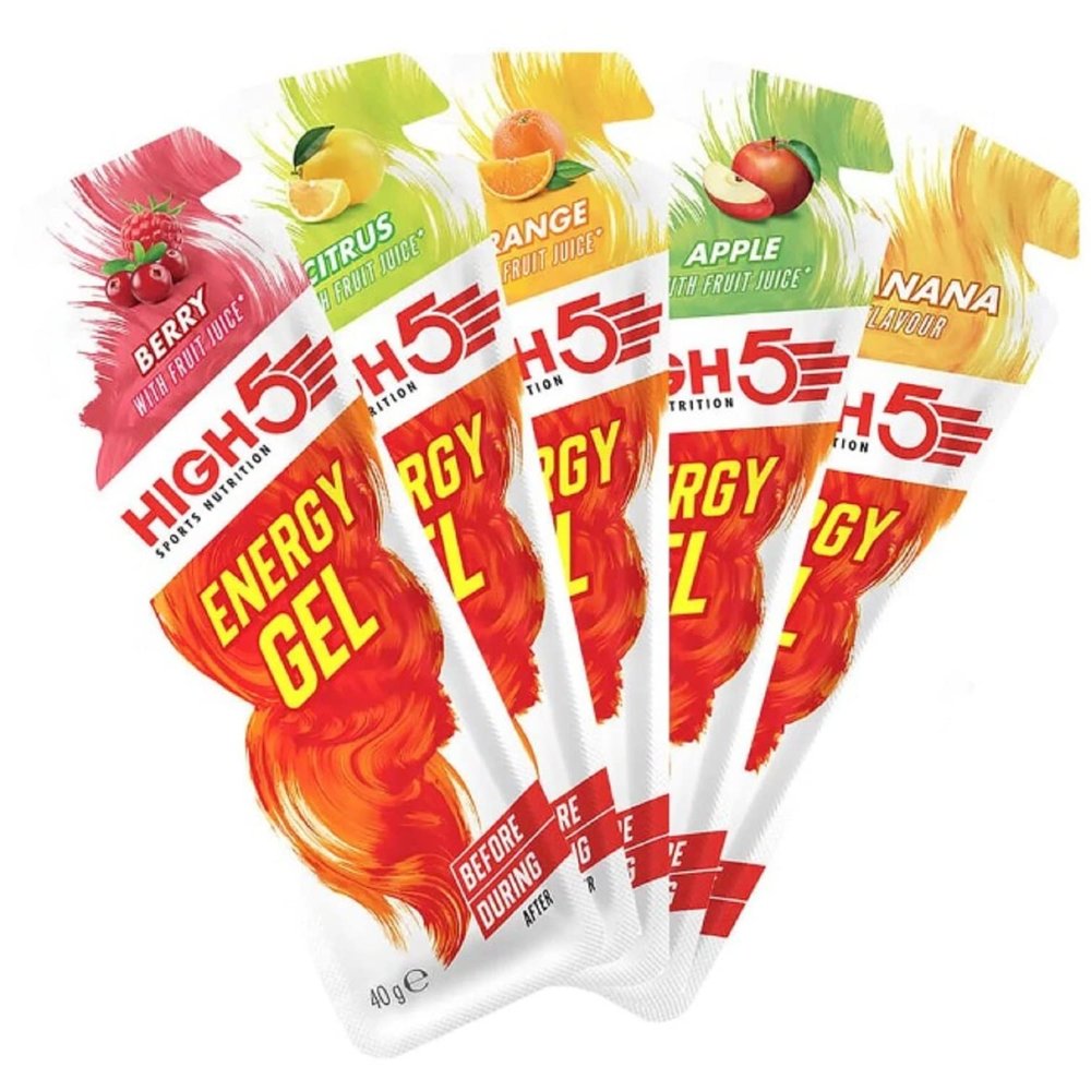 High 5 Energy Gels Plus Caffeine (20 Pack) Carbohydrate 23g each + Free 500ml Bottle (Raspberry)