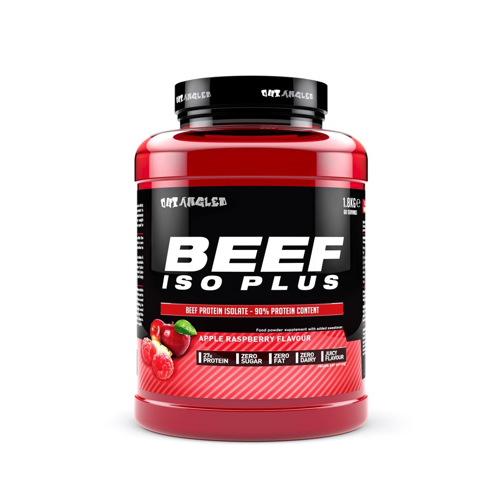 OUT ANGLED Beef Iso Plus, Beef Protein Isolate Powder, High Protein, Zero Fat and Sugar | 1.8kg 60 Servings | Paleo and Keto Friendly, Dairy and Gluten Free (1.8kg, Apple Raspberry) - Made in The UK