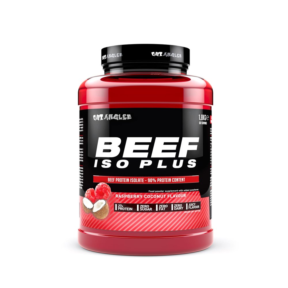 OUT ANGLED Beef Iso Plus, Beef Protein Isolate Powder, High Protein, Zero Fat and Sugar | 1.8kg 60 Servings | Paleo and Keto Friendly, Dairy and Gluten Free (1.8kg, Raspberry Coconut) - Made in the UK