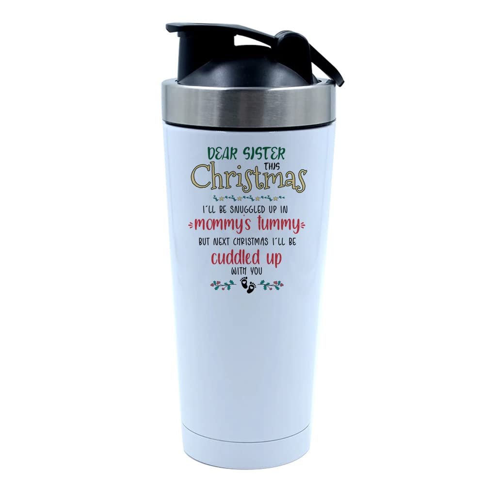 Getagift 500ml Aluminium Shaker Bottle for Supplement Shakes - Easy Clean, Durable Cup Dear Sister This Christmas I'll Be Snuggled Up In Mommy's Tummy Xmas. (White)
