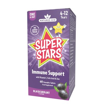 Natures Aid Super Stars Immune Support Chewables for Kids Aged 4-12 Vitamin C, Zinc, Elderberry & Folic Acid Supports Immunity, Growth & Energy Natural Fruit Flavour, Vegan 60 Tablets