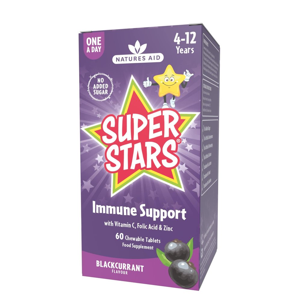 Natures Aid Super Stars Immune Support Chewables for Kids Aged 4-12 Vitamin C, Zinc, Elderberry & Folic Acid Supports Immunity, Growth & Energy Natural Fruit Flavour, Vegan 60 Tablets