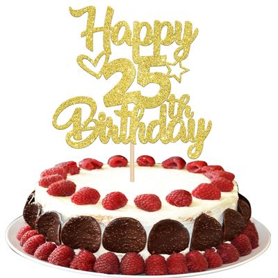 1 Pack Happy 25th Birthday Cake Topper Glitter Heart Star 25 Fabulous Cake Pick Birthday Sign Cake Decorations for Children 25th Birthday Theme Party Supplies Gold