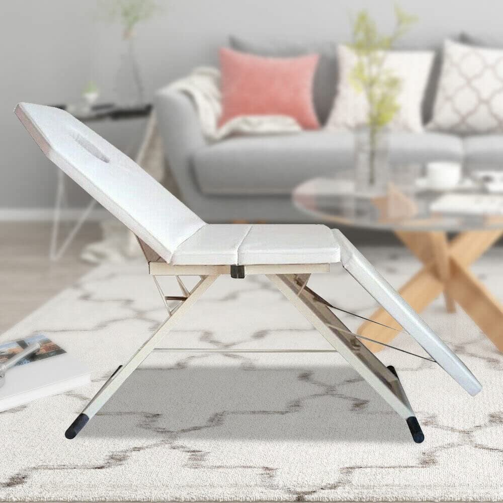 Adjustable Backrest Massage Table Beauty Couch Bed 3 Folded Spa Salon Foldable Tables & Chairs Pu Chair Steel Tube Frame Therapy Lightweight Tattoo For Treatment Healing Folding Pvc Leather (White)