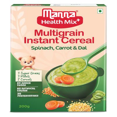 Manna Health Mix Instant Cereal, Spinach, Carrot, Dal with Milk, No Added Sugar, No Artificial Color, Flavors 200g (Pack of 1)