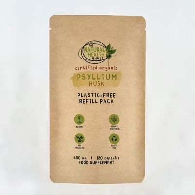 Organic Psyllium Husk Capsules 650mg by The Natural Health Market (120 Capsule Pouch) | High Soluble Fibre Supplement | Organic Prebiotic Supplement | Plastic Free Vegan Capsules
