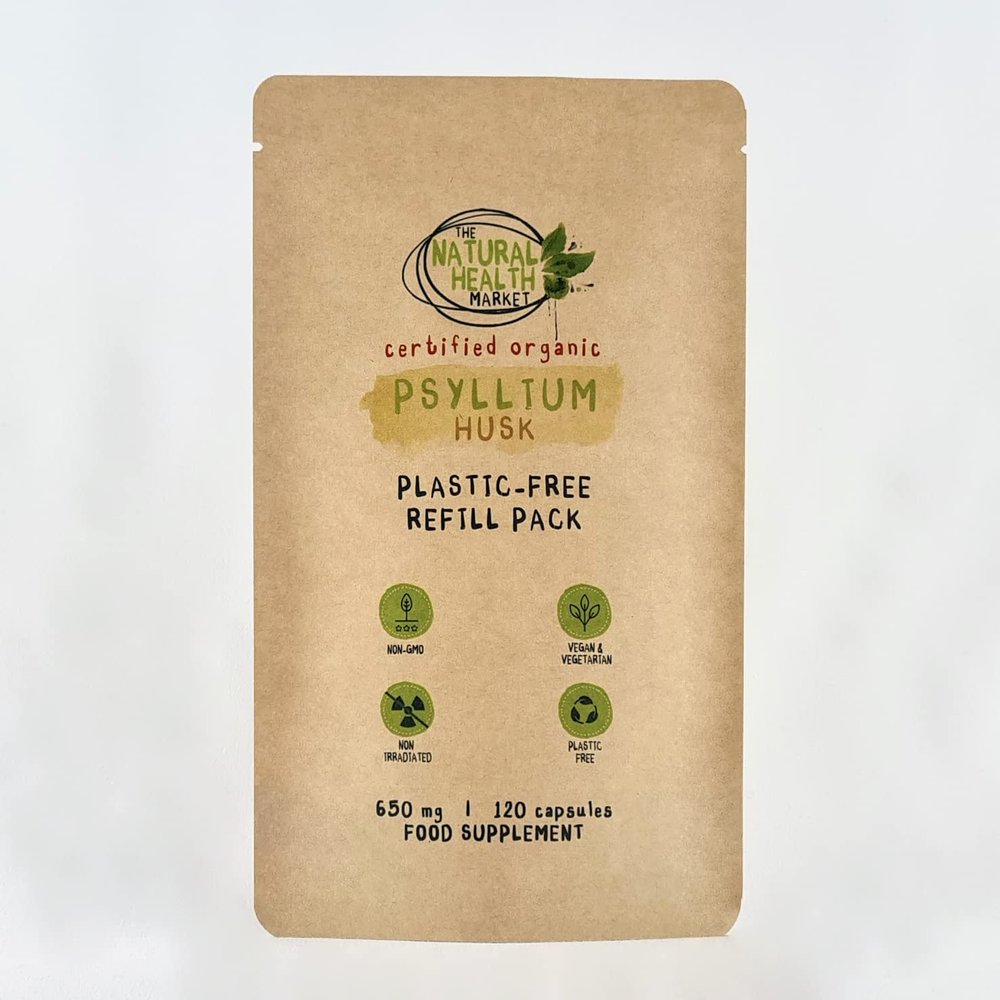 Organic Psyllium Husk Capsules 650mg by The Natural Health Market (120 Capsule Pouch) | High Soluble Fibre Supplement | Organic Prebiotic Supplement | Plastic Free Vegan Capsules