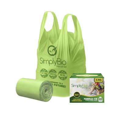 Simply Bio 3 Gallon Compostable Trash Bags with Handle-Tie, Thick 0.67 Mil, 11.36 Liter, 80 Bags, Small Kitchen Food Scrap Waste Bag, ASTM D6400, US BPI and OK Compost Home Certified