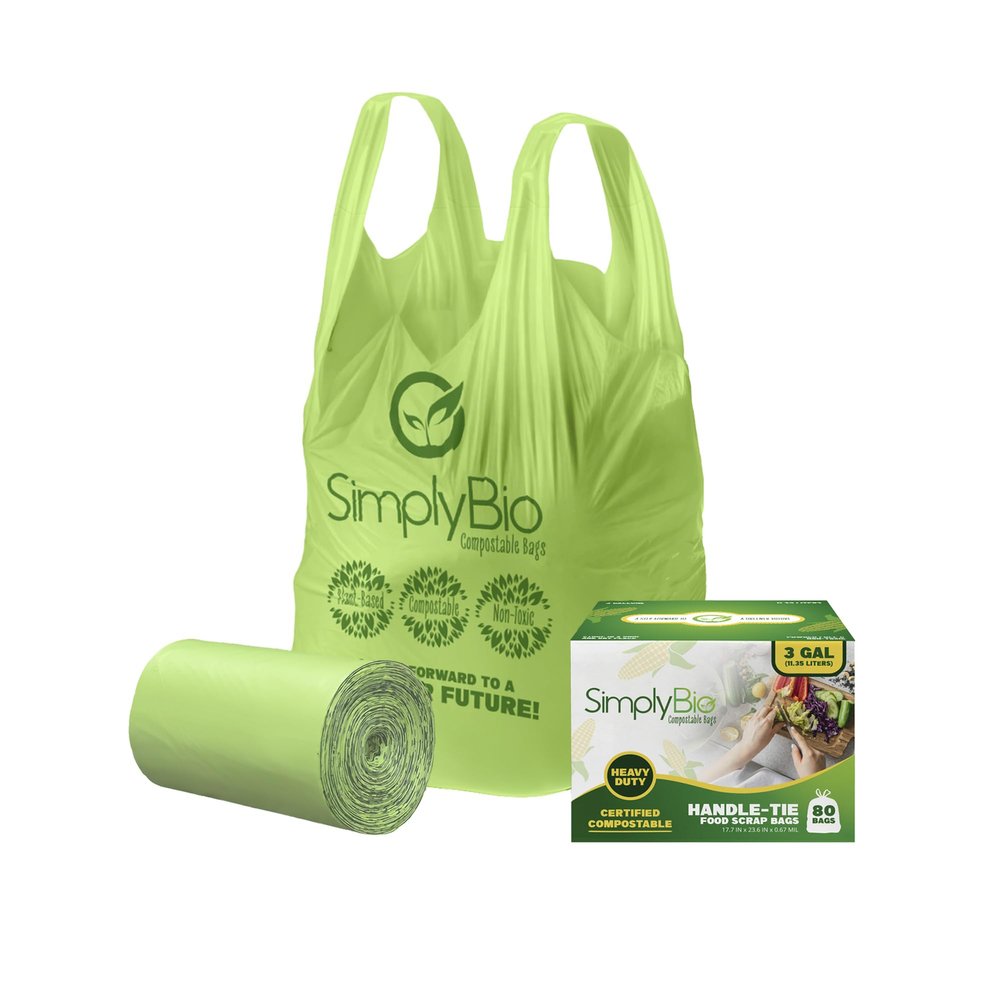 Simply Bio 3 Gallon Compostable Trash Bags with Handle-Tie, Thick 0.67 Mil, 11.36 Liter, 80 Bags, Small Kitchen Food Scrap Waste Bag, ASTM D6400, US BPI and OK Compost Home Certified