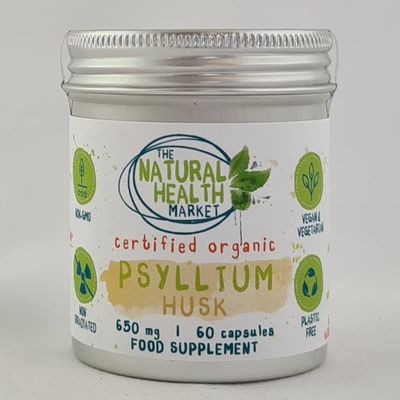 Organic Psyllium Husk Capsules 650mg by The Natural Health Market (60 Capsule Tin) | High Soluble Fibre Supplement | Organic Prebiotic Supplement | Plastic Free Vegan Capsules