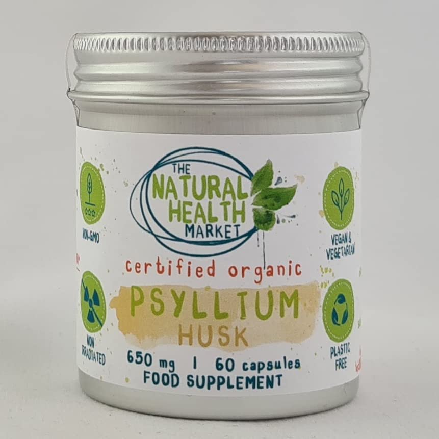 Organic Psyllium Husk Capsules 650mg by The Natural Health Market (60 Capsule Tin) | High Soluble Fibre Supplement | Organic Prebiotic Supplement | Plastic Free Vegan Capsules