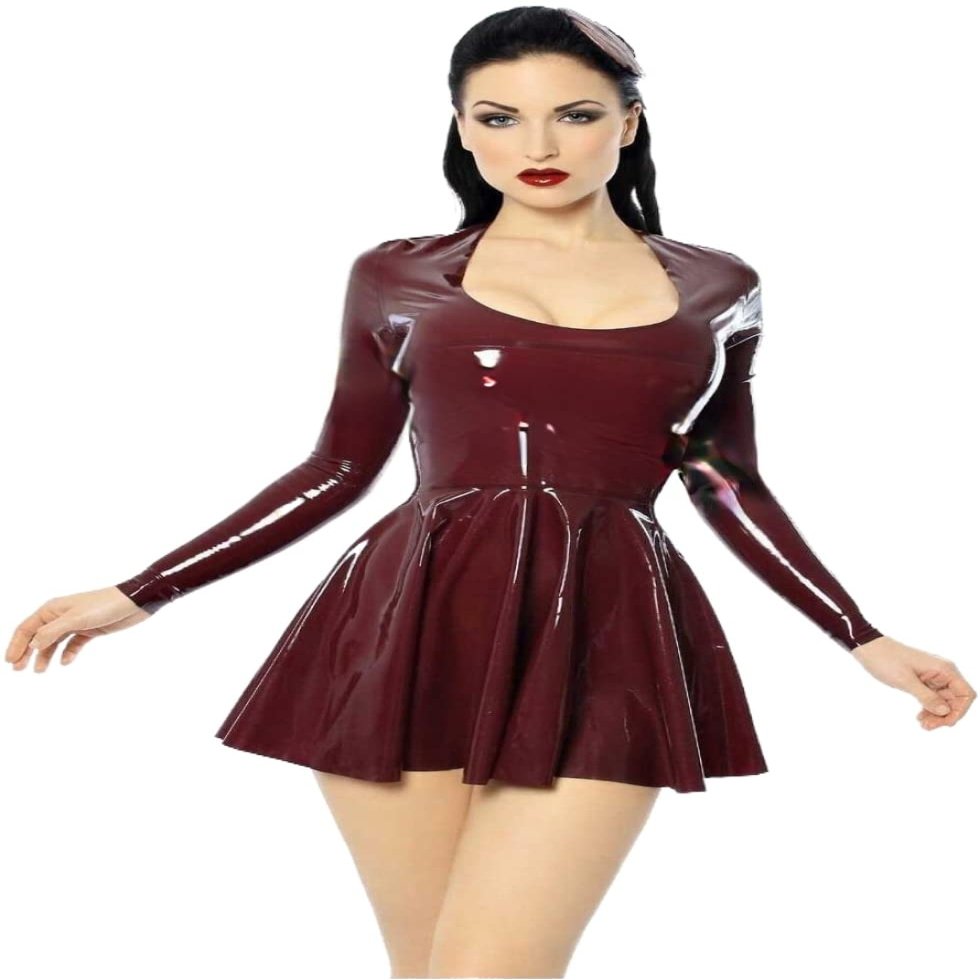 100% Natural Latex Dress Sexy Gummi Dresses Mini Skirts See-Through Long Sleeves,Red,S
