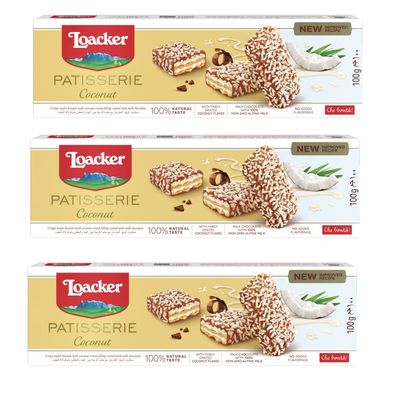 3 x Loacker Wafer Patisserie Coconut Waffles Filled with Coconut Cream, Covered with Milk Chocolate and Coconut Flakes 100 g