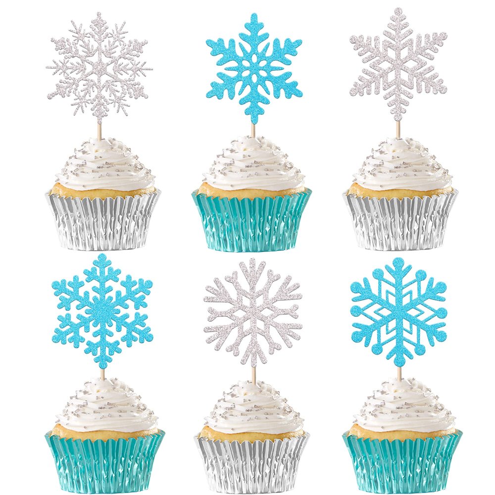 24 Pack Snowflake Cupcake Toppers Glitter Winter Snowflake Cupcake Picks Winter Frozen Cake Decorations Snowflake Christmas Baby Shower Kids Birthday Party Supplies Light Blue/Silver