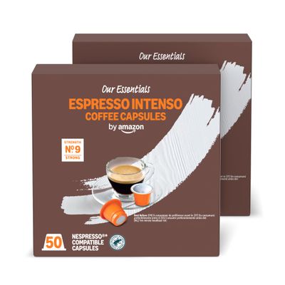 by Amazon Espresso Intenso Plastic Coffee Capsules Nespresso Compatible, Dark Roast, 100 Count (2 Packs of 50) - Rainforest Alliance Certified