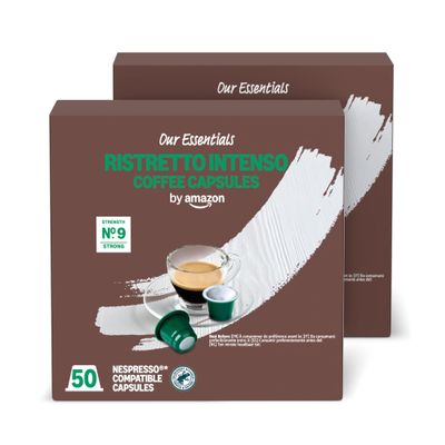 by Amazon Ristretto Intenso Plastic Coffee Capsules Nespresso Compatible, Dark Roast, 100 Count (2 Packs of 50) - Rainforest Alliance Certified