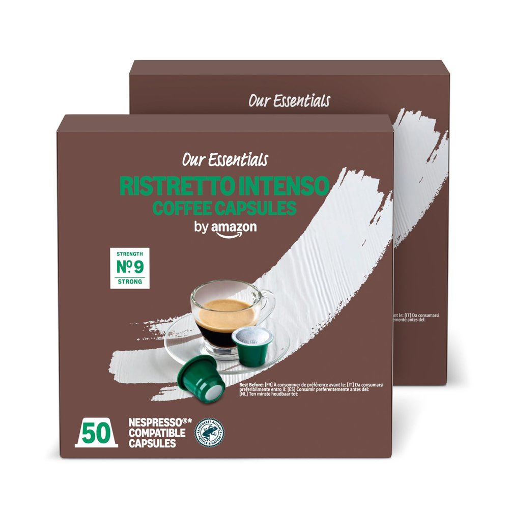by Amazon Ristretto Intenso Plastic Coffee Capsules Nespresso Compatible, Dark Roast, 100 Count (2 Packs of 50) - Rainforest Alliance Certified