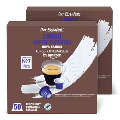 by Amazon Lungo Plastic Coffee Capsules Nespresso Compatible, Medium Roast, 100 Count (2 Packs of 50) - Rainforest Alliance Certified