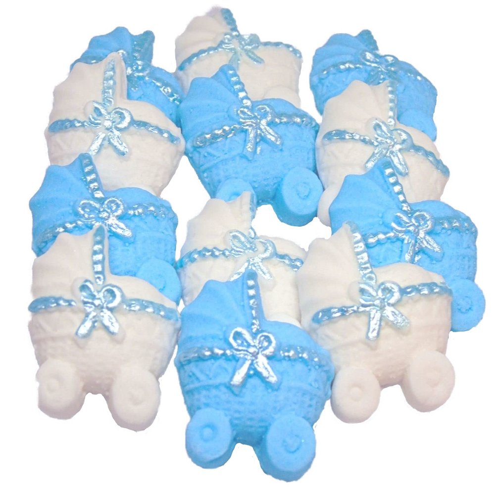 12 Coloured Edible Baby Prams Baby Shower Cupcake Toppers (6 Blue 6 White)