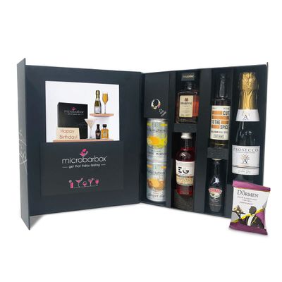 MicroBarBox Happy Birthday Cocktail Gift Set in a Premium Luxury Gift Box | Birthday Gifts for Her | Featuring Baileys, Disaronno, Galanti Extra Dry Prosecco, Edinburgh Raspberry Gin, Cut Spiced Rum