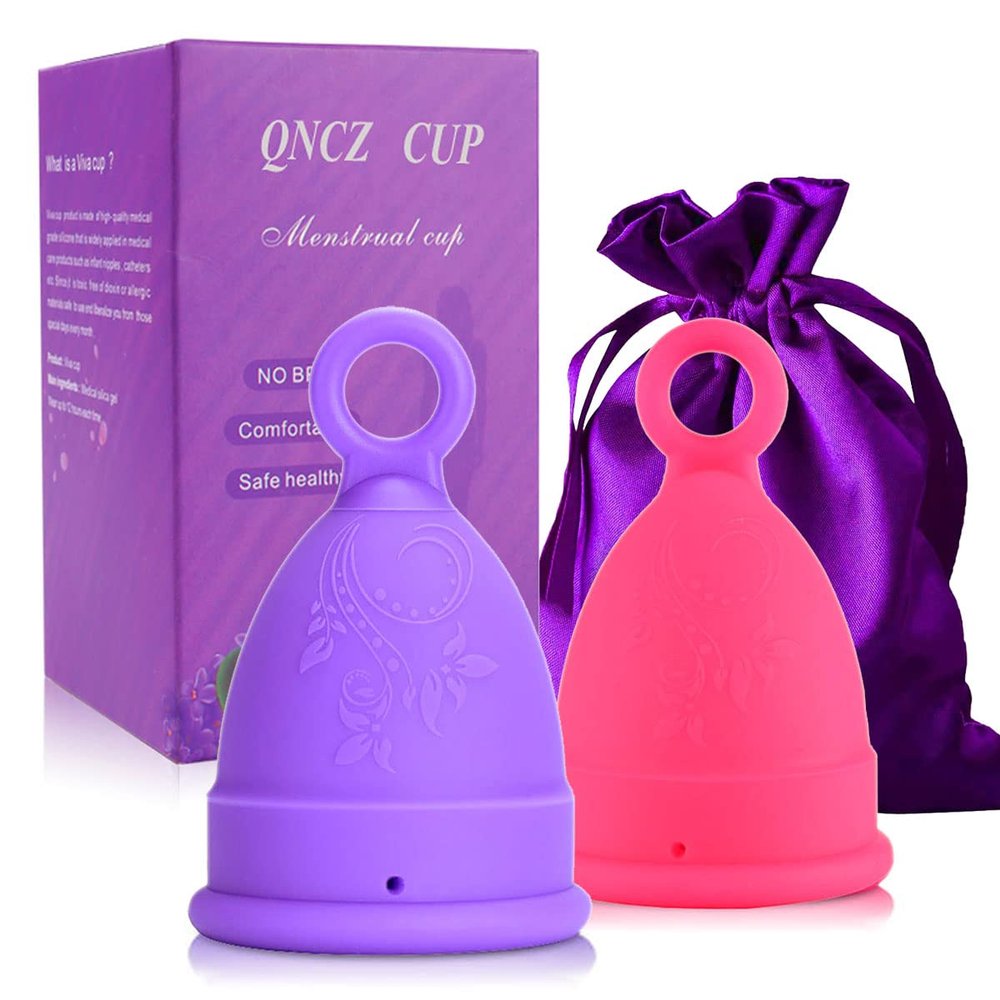 Menstrual Cups - Set of 2 Reusable Period Cups - Premium Design with Soft, Flexible, Medical-Grade Silicone + 1 Storage Bag (Small/Large (Pack of 2), Regular Stem)