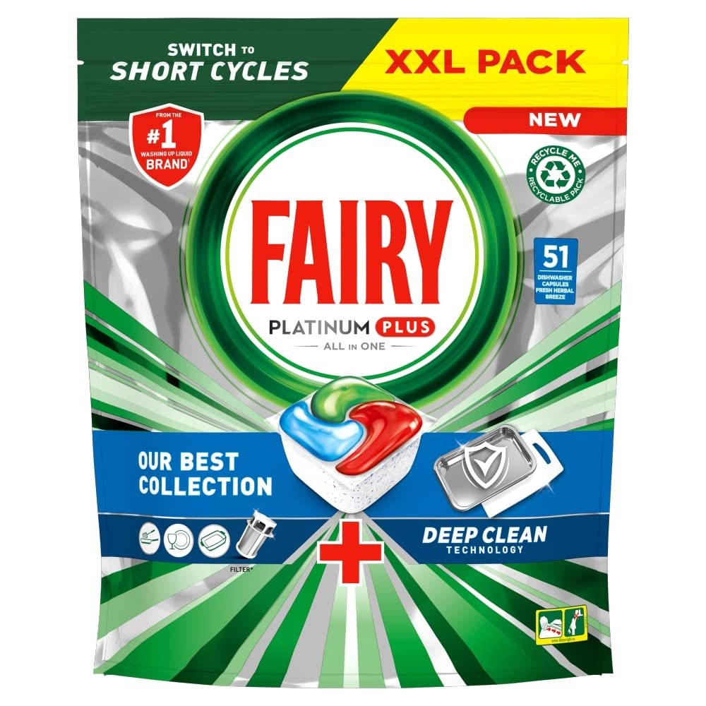 Fairy Platinum Plus Deep Clean Dishwasher Tablets Fresh Herbal Breeze, 51 Tablets
