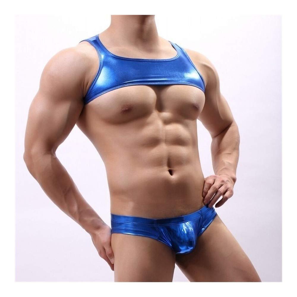 DOLUNTO Men's Tank Lingerie Vest Costume PU Leather Harness Tanks Underwear Tops Nightwear Dancewear (color : Blue, size : XL)