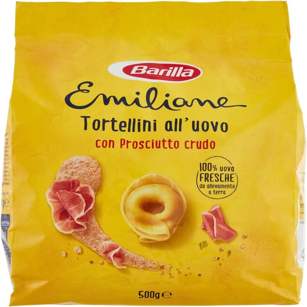 Emiliane Barilla Pasta all'Uovo Ripiena Tortellini con Prosciutto Crudo Filled Egg Noodles with Raw Ham Noodles 500 g Pack