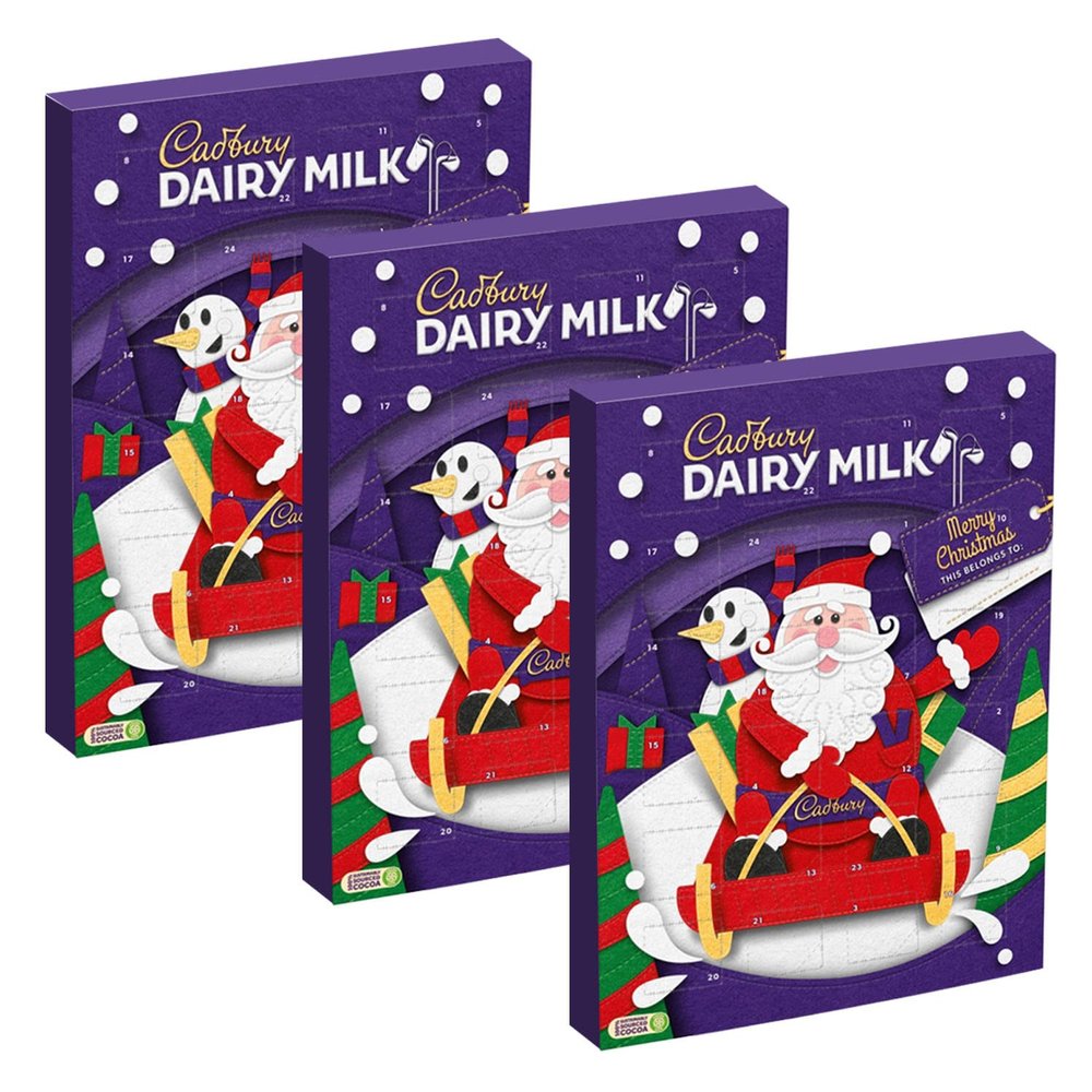 Candyd Moments 3 x Cadbury Dairy Milk Advent Calendar 90g for Kids Stocking Filling, Count down to Christmas, Big Night, Purple