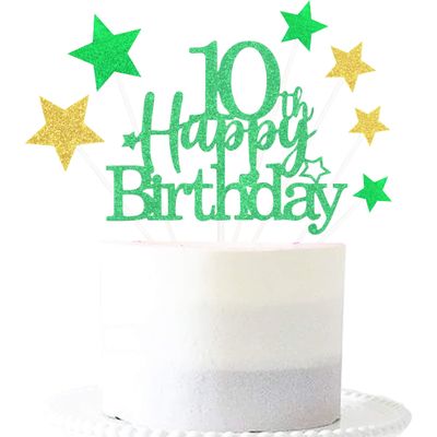 Glittery 10th Happy Birthday Cake Topper with Star,Personalised 10 Birthday Cake Toppers Party Decorations Party Supplies for Boys Girls Green Gold