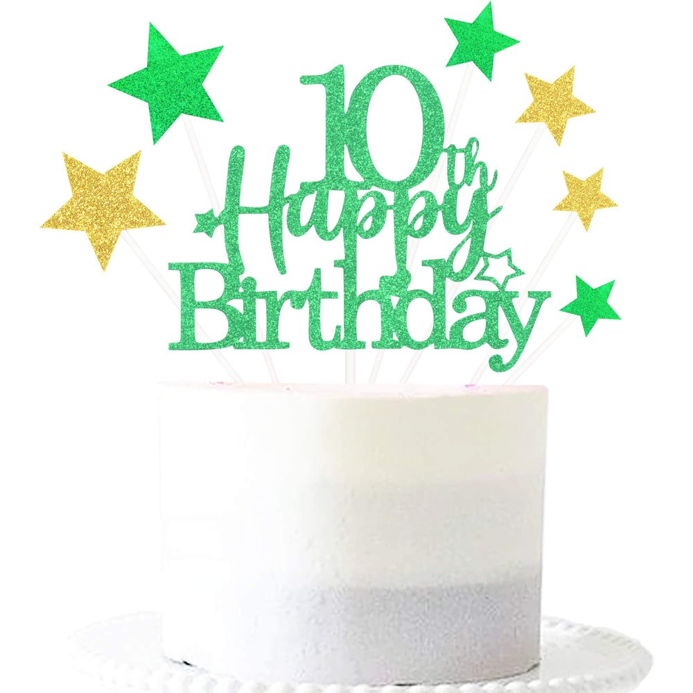 Glittery 10th Happy Birthday Cake Topper with Star,Personalised 10 Birthday Cake Toppers Party Decorations Party Supplies for Boys Girls Green Gold
