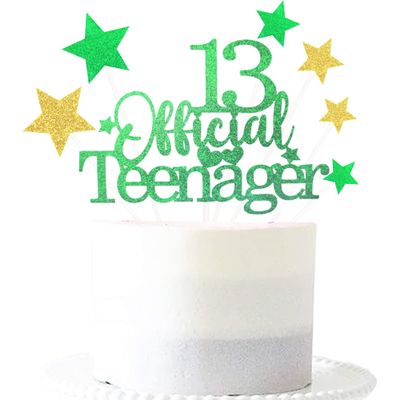 Glittery 13 Ofiicial Teenager Cake Topper with Star,13th Happy Birthday Cake Topper Party Decorations Party Supplies for Boys Girls Green Gold