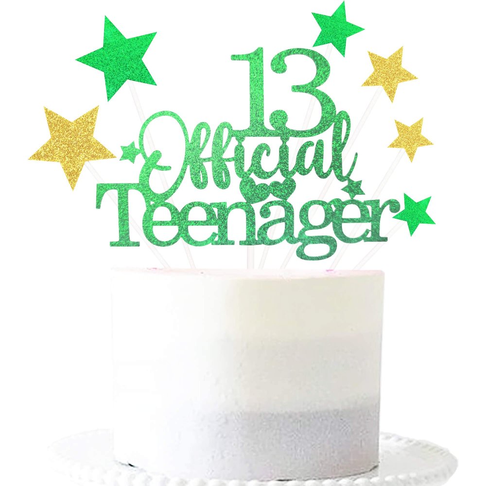 Glittery 13 Ofiicial Teenager Cake Topper with Star,13th Happy Birthday Cake Topper Party Decorations Party Supplies for Boys Girls Green Gold